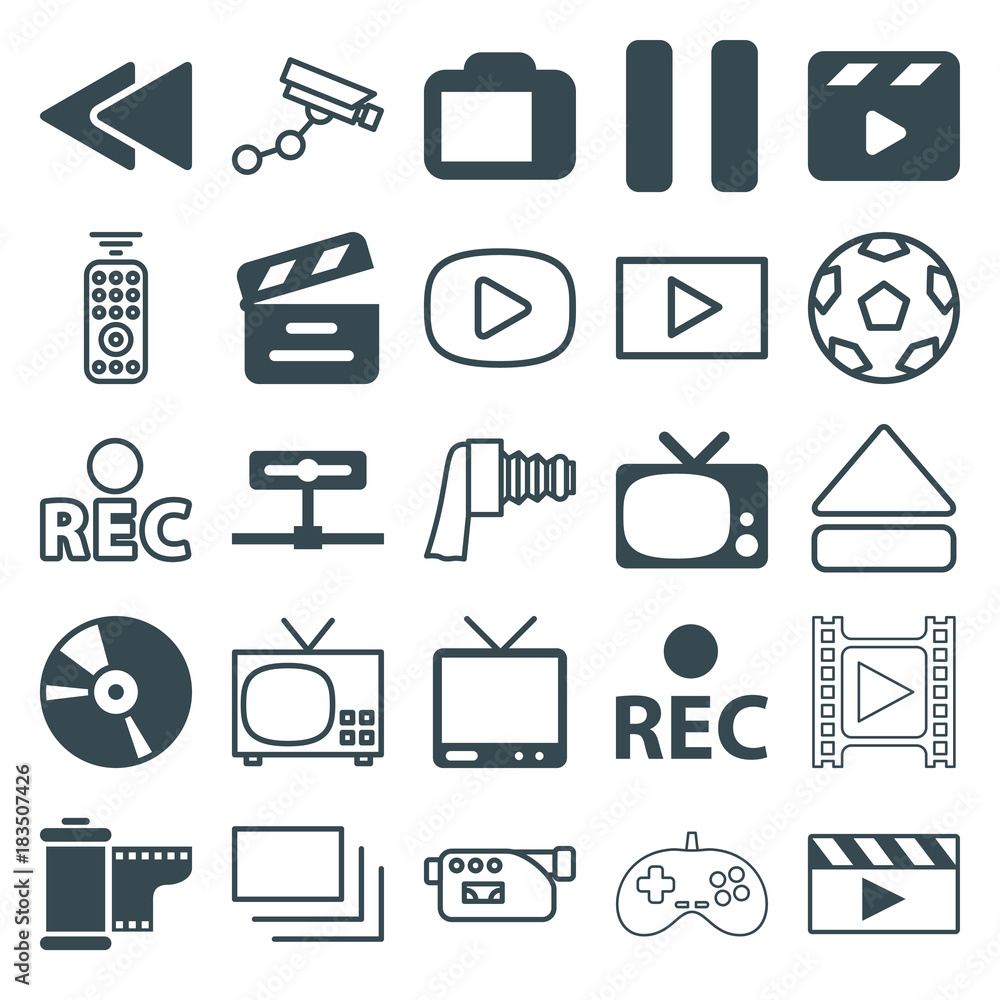 Set of 25 video filled and outline icons Set of 25 video filled and outline icons