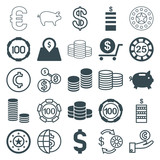 Set of 25 coin filled and outline icons