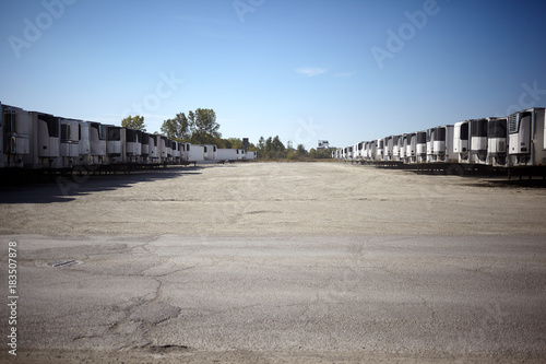Refrigerated semi trailers at a transport depot