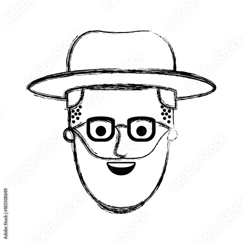 male face with hat and glasses and beard and side parted hairstyle in monochrome blurred silhouette vector illustration