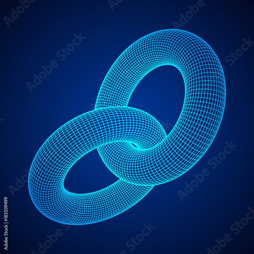 Wireframe polygonal element. 3D Torus chain with lines and dots abstract vector background