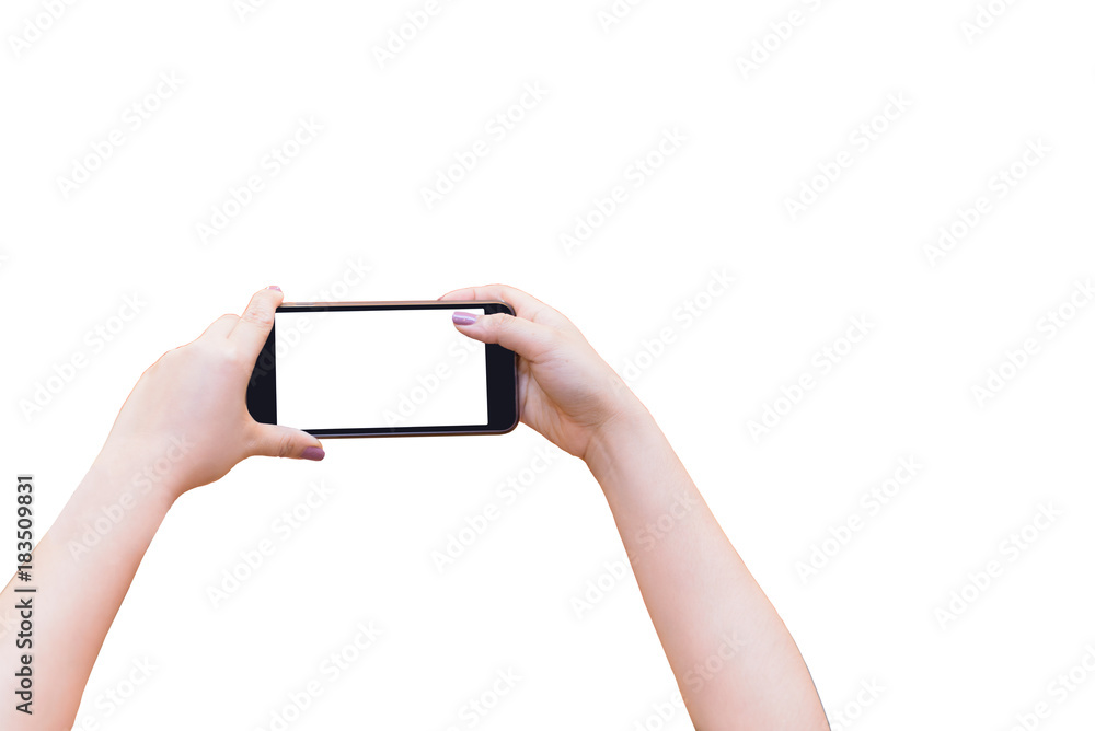 Hand of Asian woman Pressing the phone or mobile to take a photo or video on white background or isolated Hand of Asian woman Pressing the phone or mobile to take a photo or video on white background or isolated