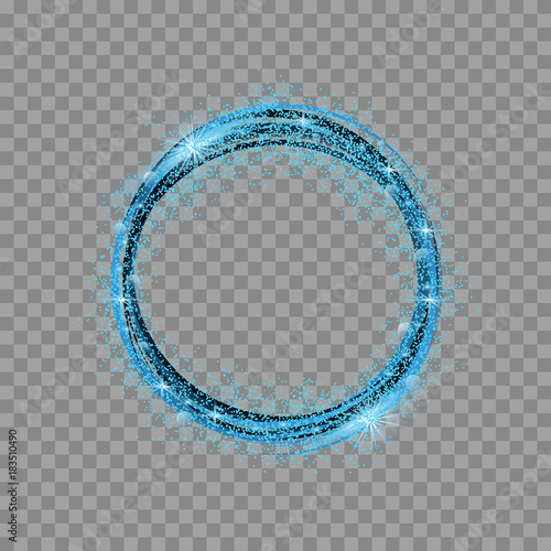 Abstract blue swirl circle on transparent background. Glowing magic blue circle ring trace. Round frame or banner with place for text. Christmas background.