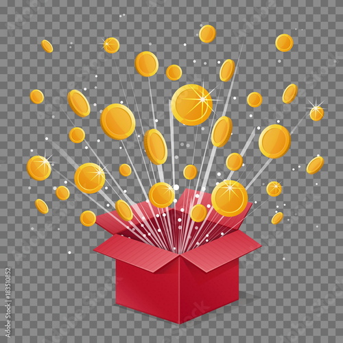 Open surprise box light beam explosion and flying coins