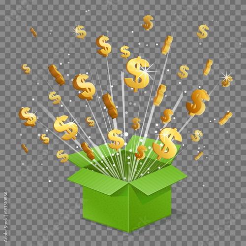 Open surprise box light beam explosion and flying dollar signs