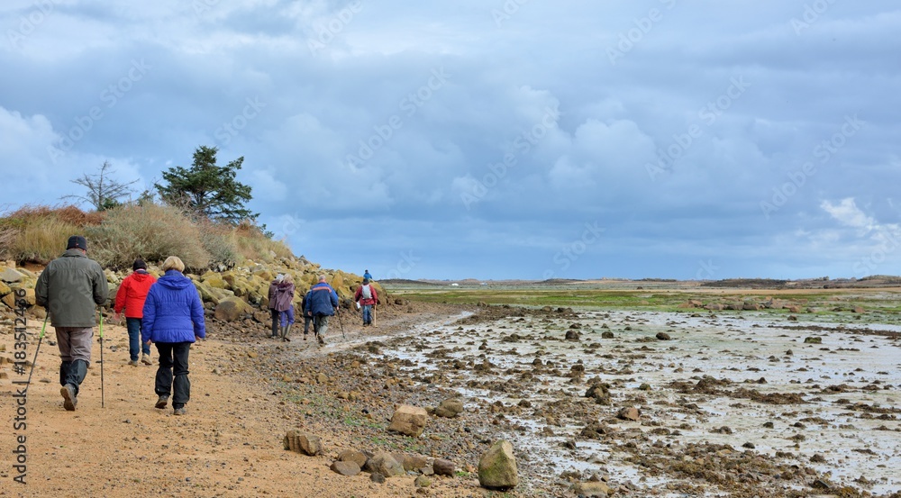 Groupe de randonneurs sur le circuit des huîtres à Lanmodez en face de l'île Bréhat en Bretagne