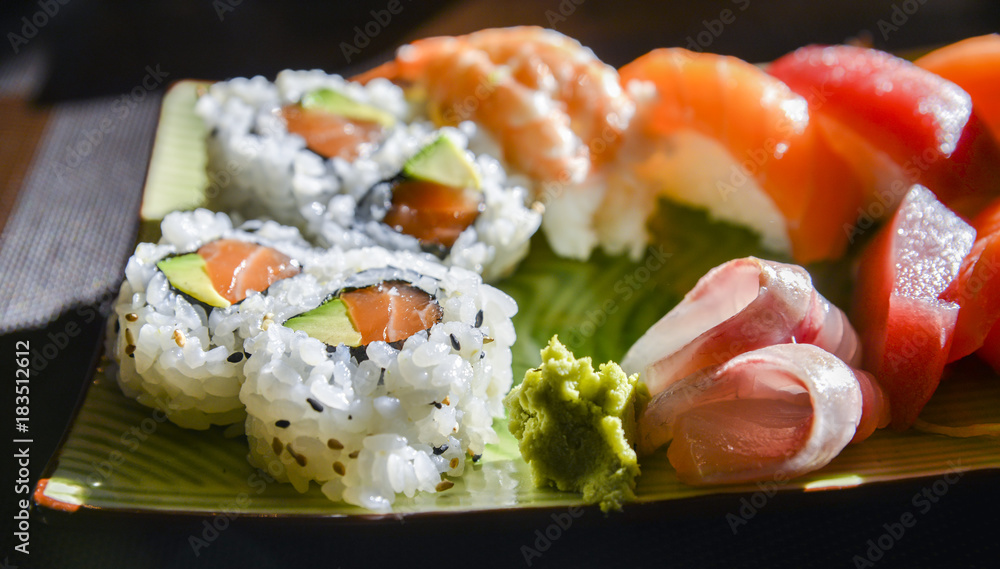 Sushi and sashimi set with wasabi and ginger on a plate Sushi and sashimi set with wasabi and ginger on a plate