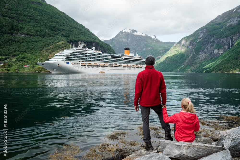 Cruise liner in the waters of Geirangerfjord, Norway