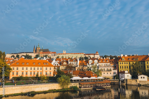 Vltava river and old downtown of Prague, the capital of Czech Republic