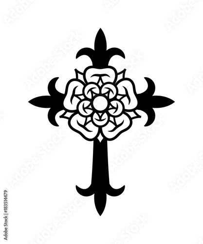 Rosenkreuz (Cross with Rose). Sacral mystical symbol of The Rosicrucians (Rosenkreuzer), The Emblem of Medieval secret society.
