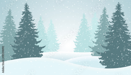 Vector illustration of winter forest with snow and mist, suitable as greeting card