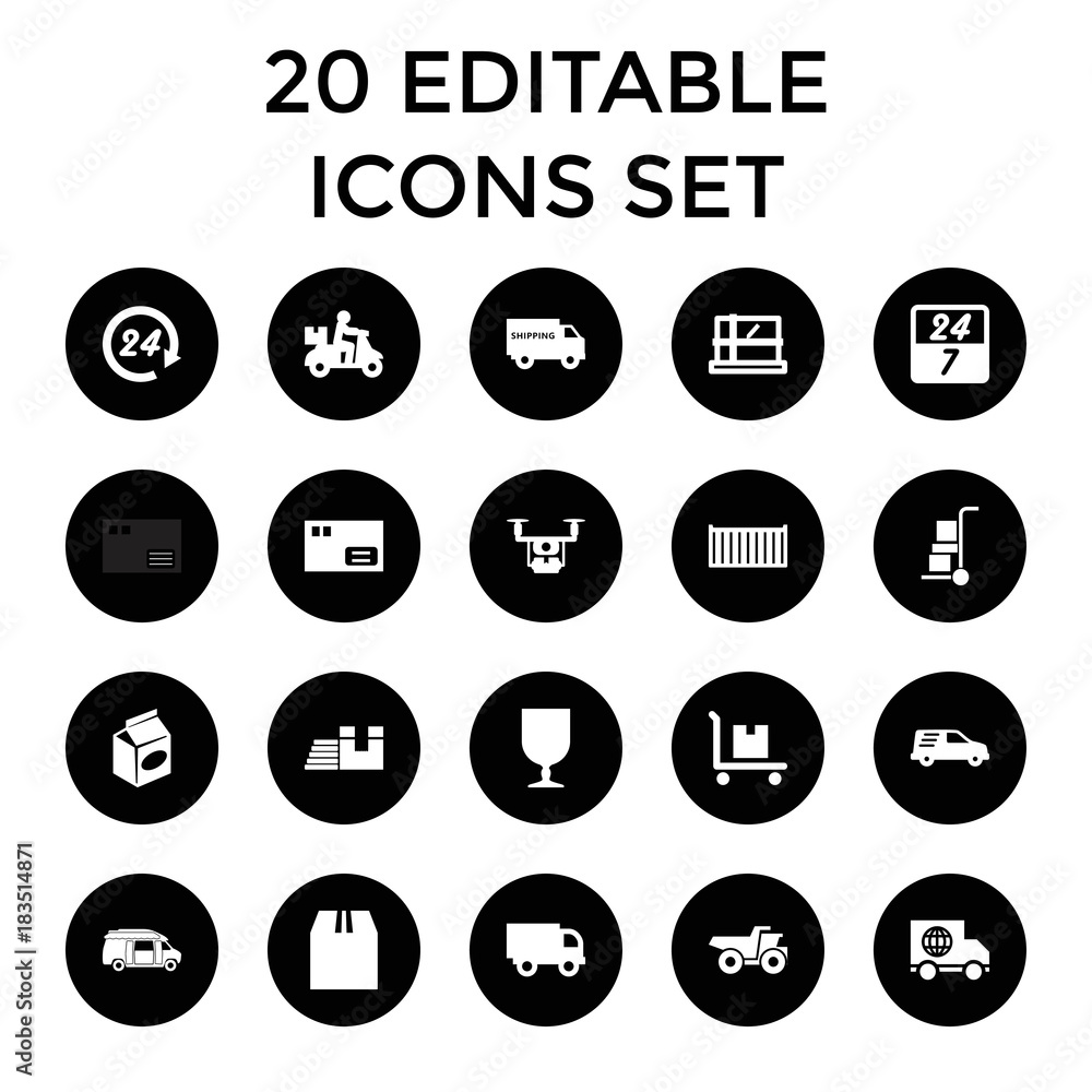 Delivery icons. set of 20 editable filled delivery icons Delivery icons. set of 20 editable filled delivery icons