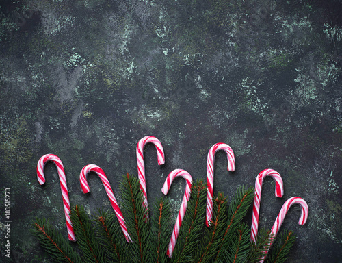 Christmas background with candy cane and fir tree branches photo