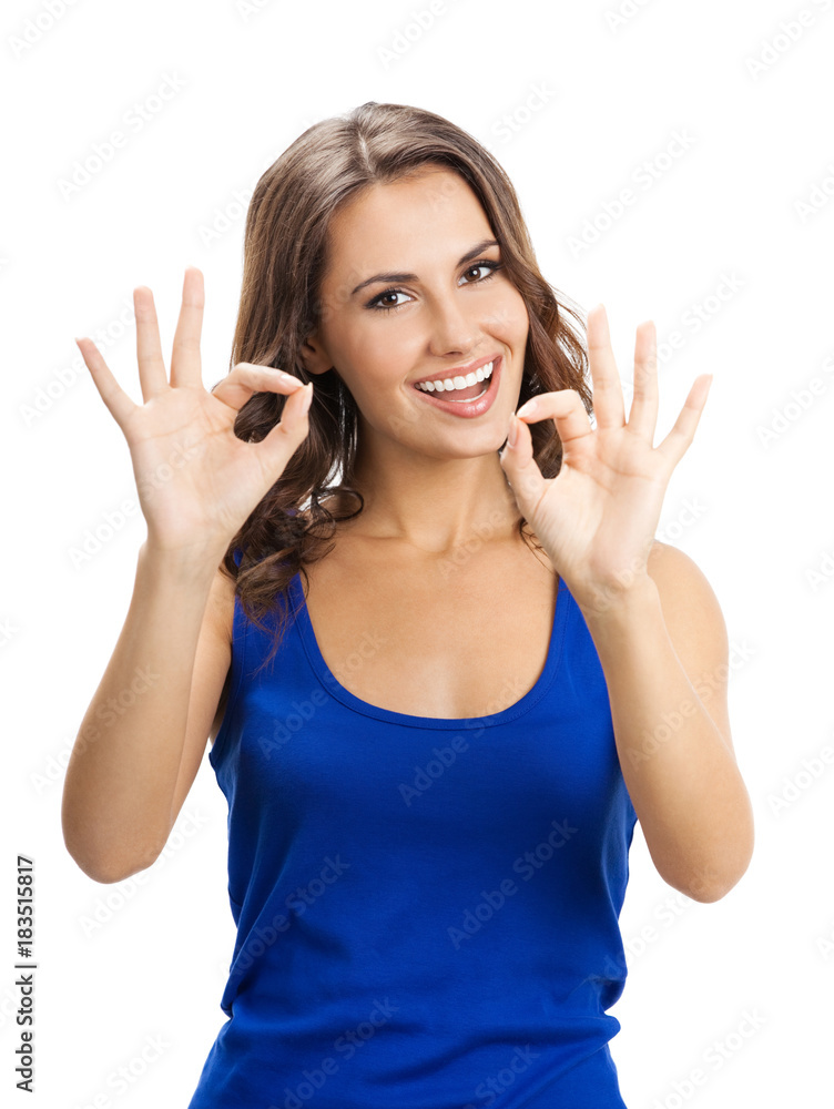 Woman showing okay gesture, isolated Woman showing okay gesture, isolated