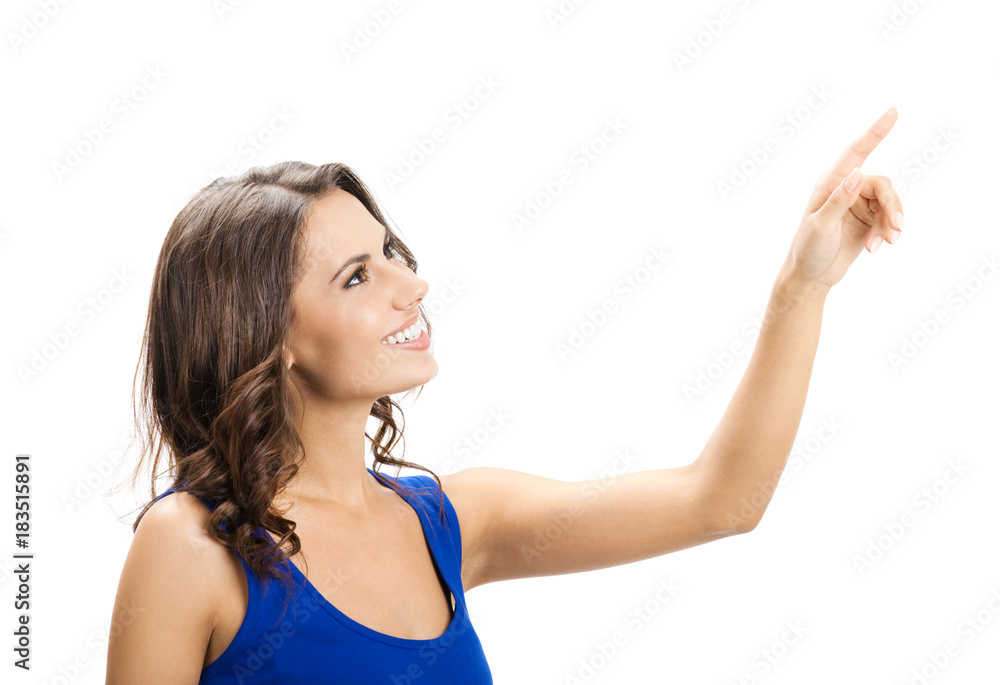 Beautiful young woman showing, on white Beautiful young woman showing, on white