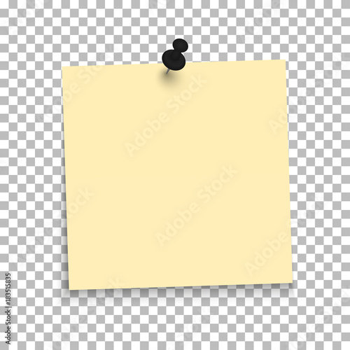 Yellow sheet of note paper with push pin on a transparent background. Vector illustration