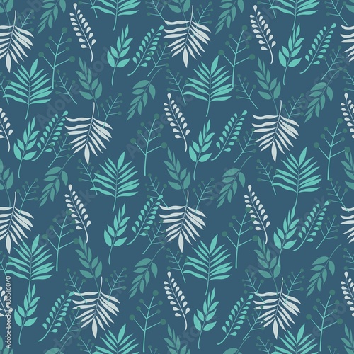 Retro green leaves on branches on dark background seamless pattern