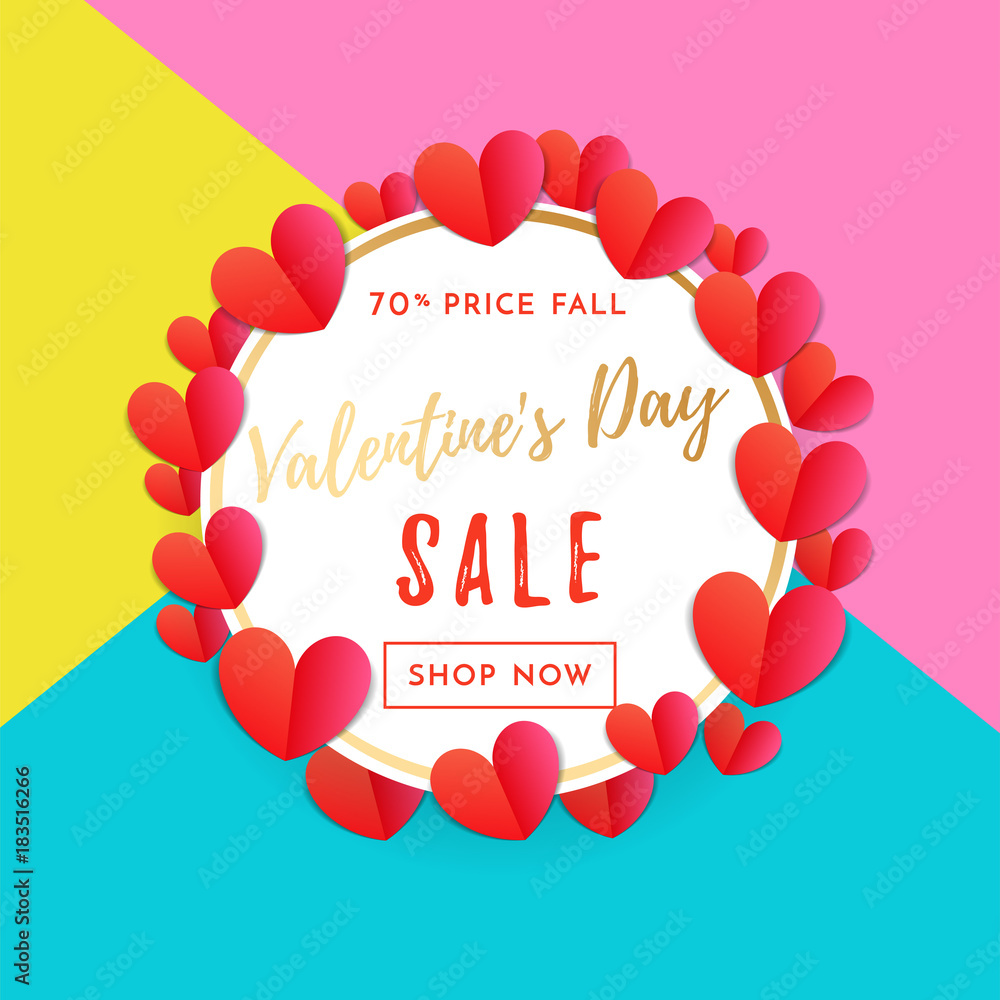 Valentine sale banner or poster design template of red hearts pattern and golden text calligraphy on frame background. Vector Valentines day fashion shopping season discount offer sale background