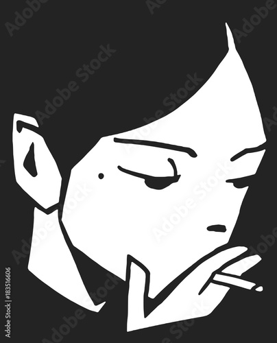 Stylized portrait of young girl smoking in black and white