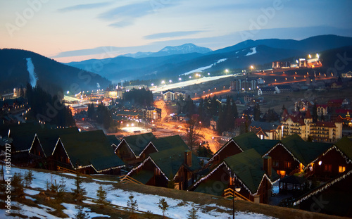 Evening landscape in the winter ski resort Bukovel photo