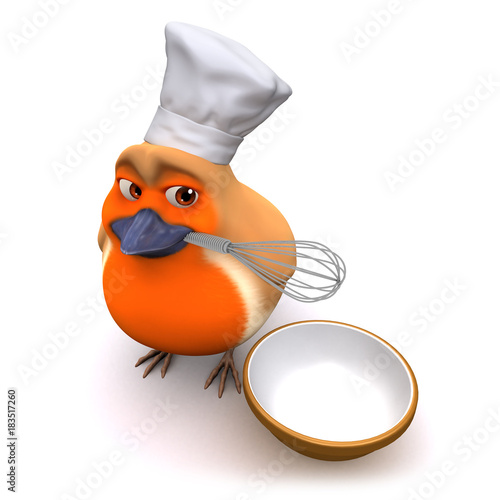 3d Cartoon robin bird is making a cake with whisk and bowl