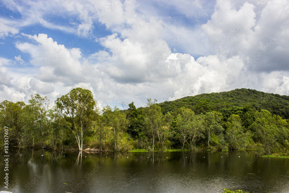 View of big mountain and big lake with blue sky and cloudy.