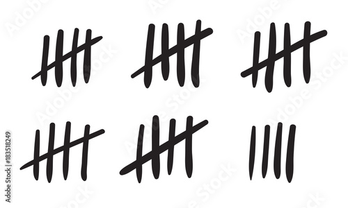 Tally marks count or prison wall sticks lines counter. Vector hash marks icons of jail or desert island lost day tally numbers counting in slash lines photo