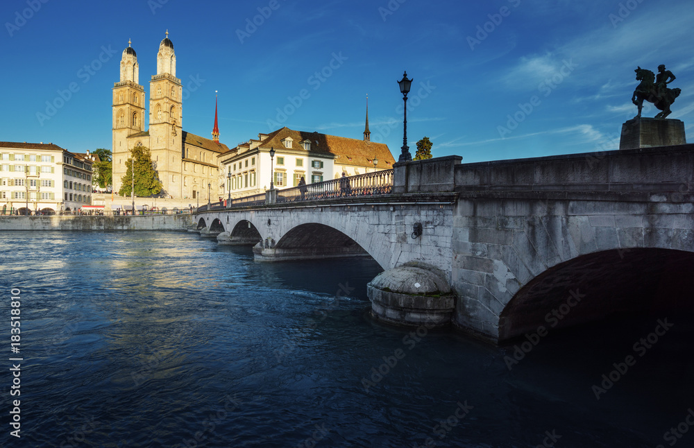 Zurich city center with famous Grossmunster and river Limmat, Switzerland