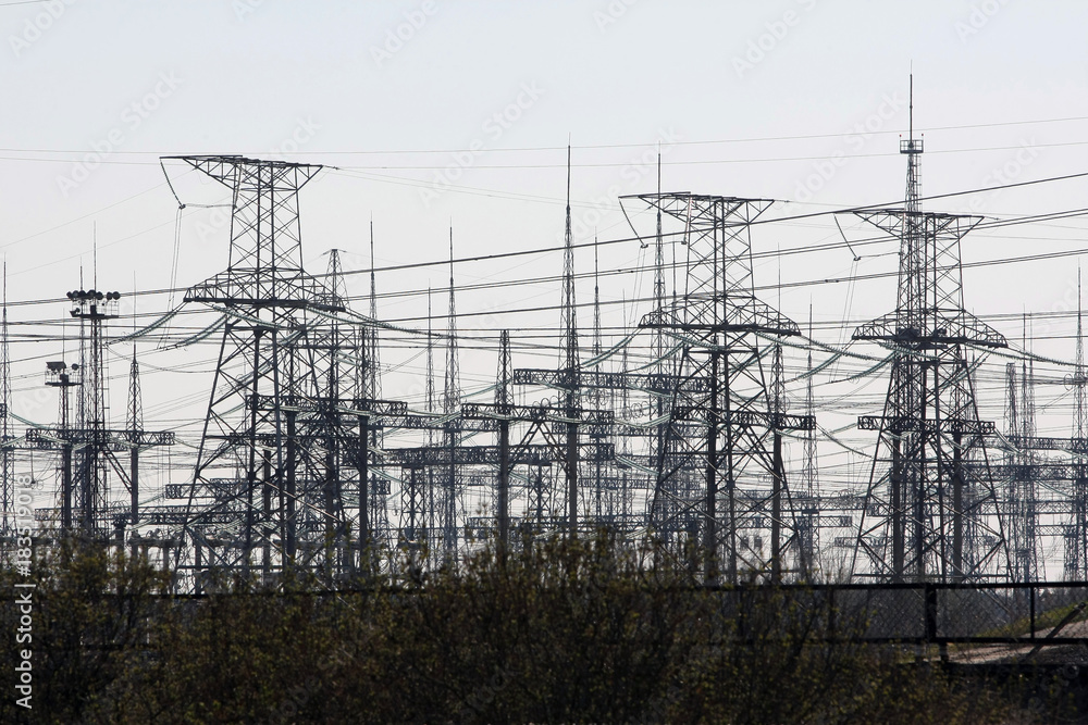 Distribution electric substation with power lines and transformers