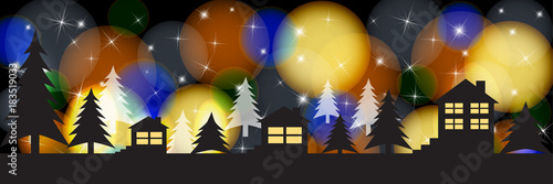 Silhouettes of houses on a bright festive background. Christmas vector panoramic illustration.