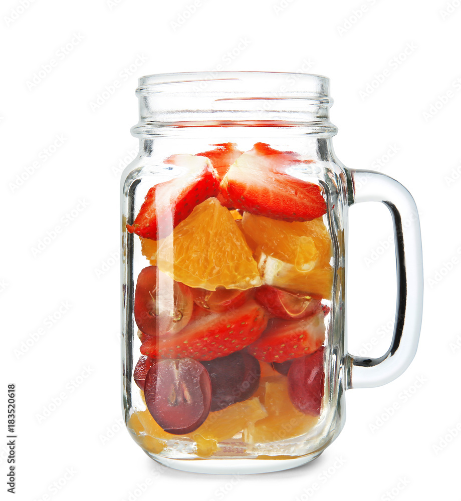Delicious fruit salad in mason jar on white background Delicious fruit salad in mason jar on white background