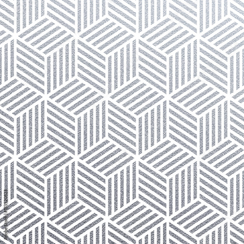Geometric silver 3D cubes seamless pattern with glitter texture of abstract line mesh on white background. Vector silver glittering ornament for seamless tile or modern backdrop swatch design template