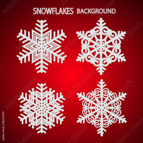 Set with white snowflakes. Red vector illustration.