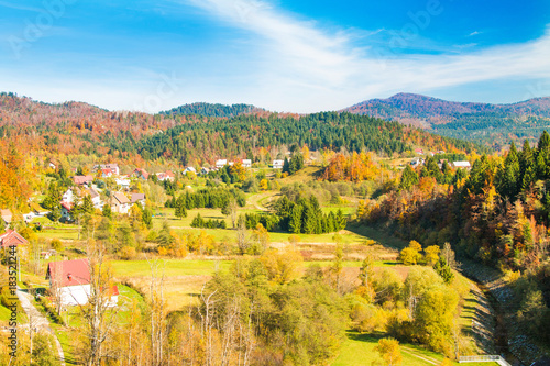 Fototapeta Naklejka Na Ścianę i Meble -      Beautiful countryside landscape of town of Lokve in Gorski kotar, Croatia, in autumn, panoramic view 