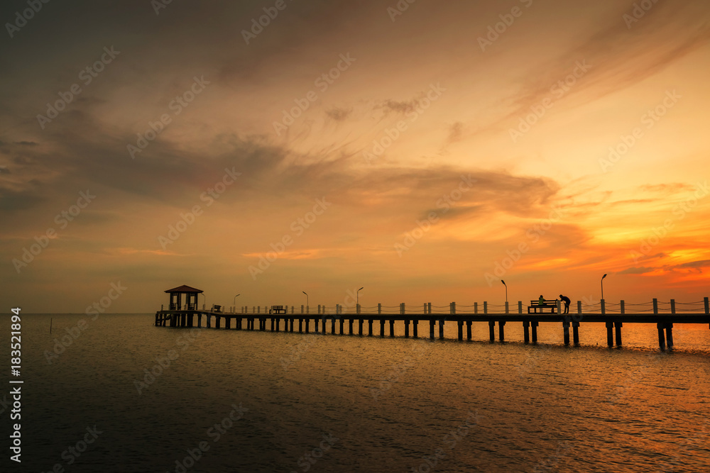 Panorama,The jetty extends to the sea in the evening.