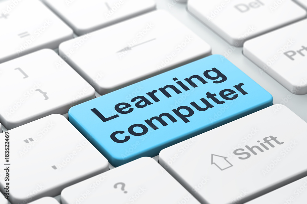 Studying concept: computer keyboard with word Learning Computer, selected focus on enter button background, 3D rendering Studying concept: computer keyboard with word Learning Computer, selected focus on enter button background, 3D rendering