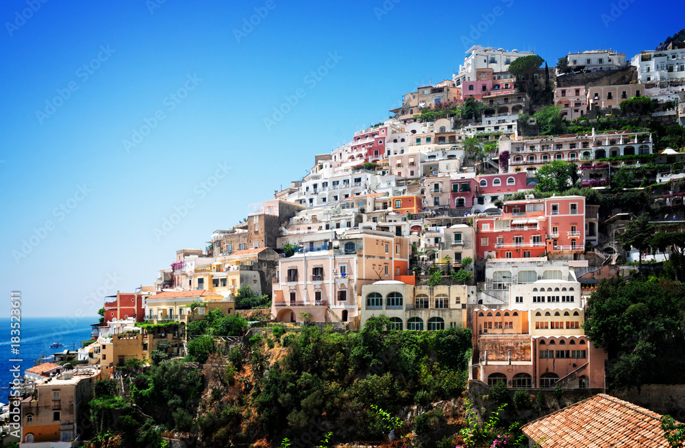 Positano houses on the rock - famous old italian resort, Italy, retro toned