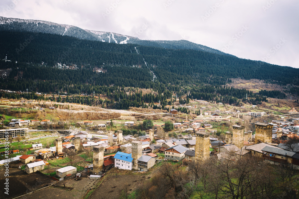 Panoramic view on Svan tower in Upper Svaneti village Mestia, Georgia