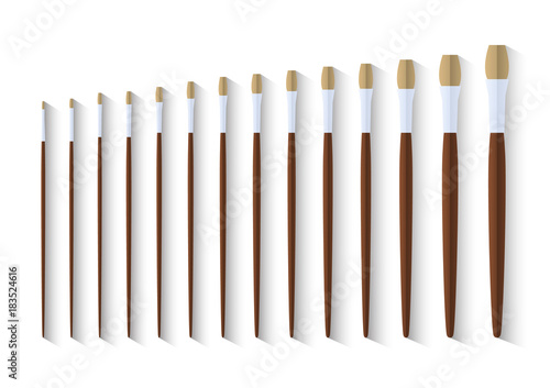 set of long filbert paint brush stationary, collection of color painting accessory, artist tools, vector illustration