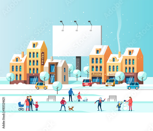 A large billboard with a field for your text on a background of a winter city with people in the park. Snowy street. Vector illustration.