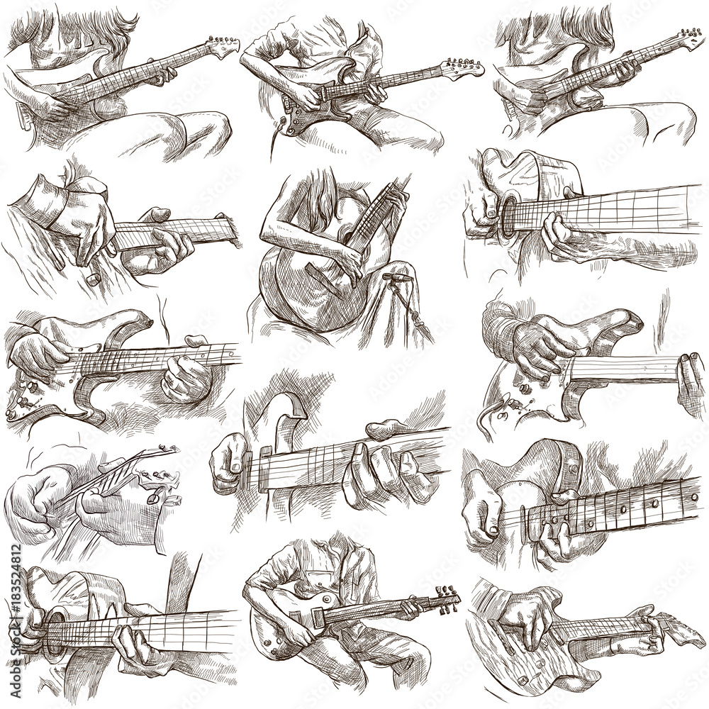 Obraz premium An hand drawn collection, full sized pack - GUITAR SOLO, hand drawings on white, isolated.