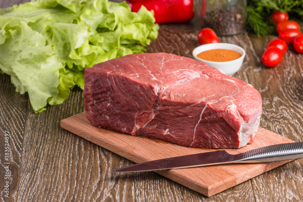 raw beef steak on wooden cutting board raw beef steak on wooden cutting board