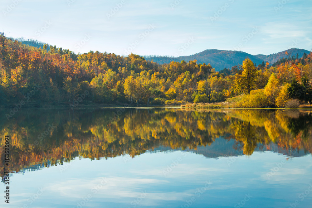     View of Mrzla vodica lake and Risnjak mountain, autumn landscape, Gorski kotar, Croatia 