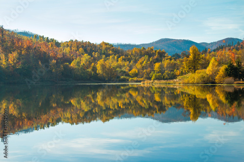  View of Mrzla vodica lake and Risnjak mountain, autumn landscape, Gorski kotar, Croatia 