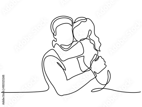 Continuous Line Art Drawing. Happy young father hug little daughter. Vector Illustration