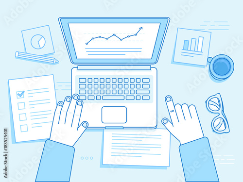 Vector business illustration in trendy linear style and blue colors related to project management, business strategy and financial development