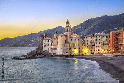 Sea shore and colorful houses in Camogli resort town near Genoa, Liguria, Italy