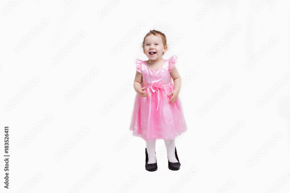 the girl in the pink dress shoes on a white background