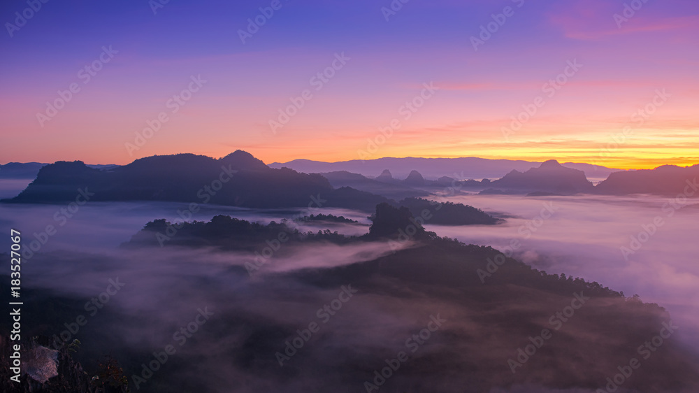foggy landscape in north of Thailand with twilight sky 