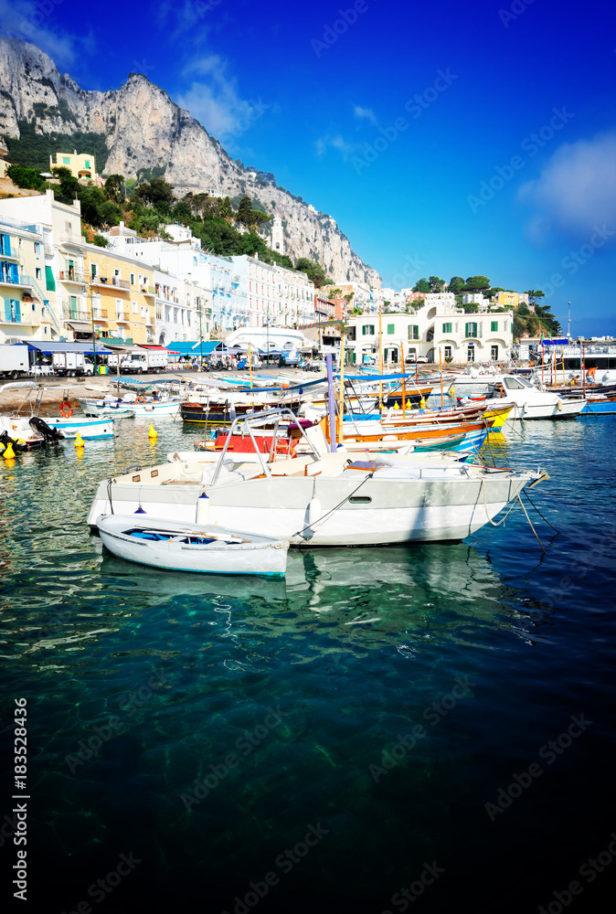 Marina Grande harbor of Capri island, Italy, retro toned